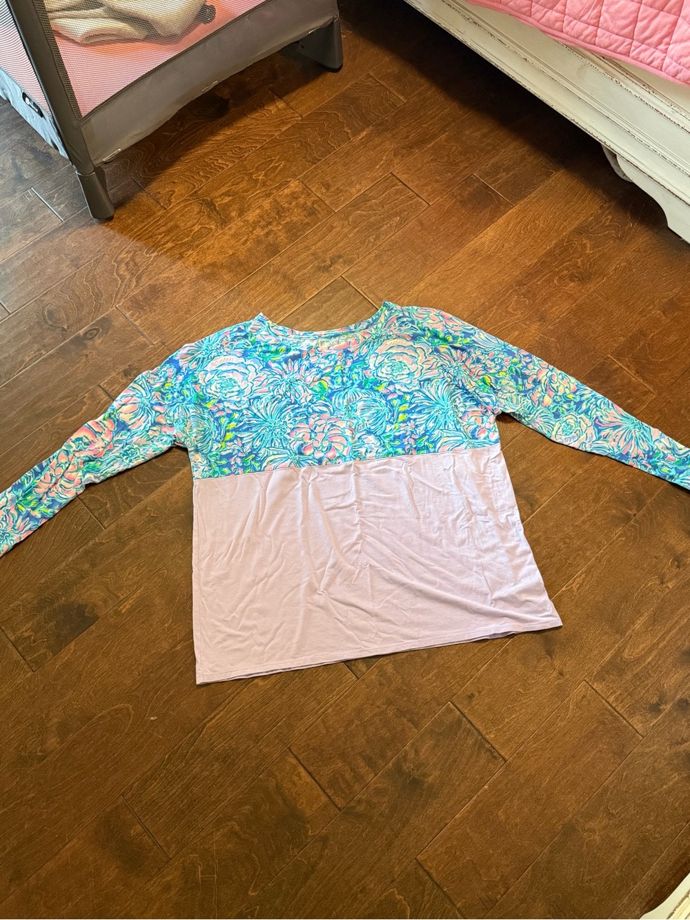 Floral Print Colorblock Long Sleeve Top - Pink & Aqua